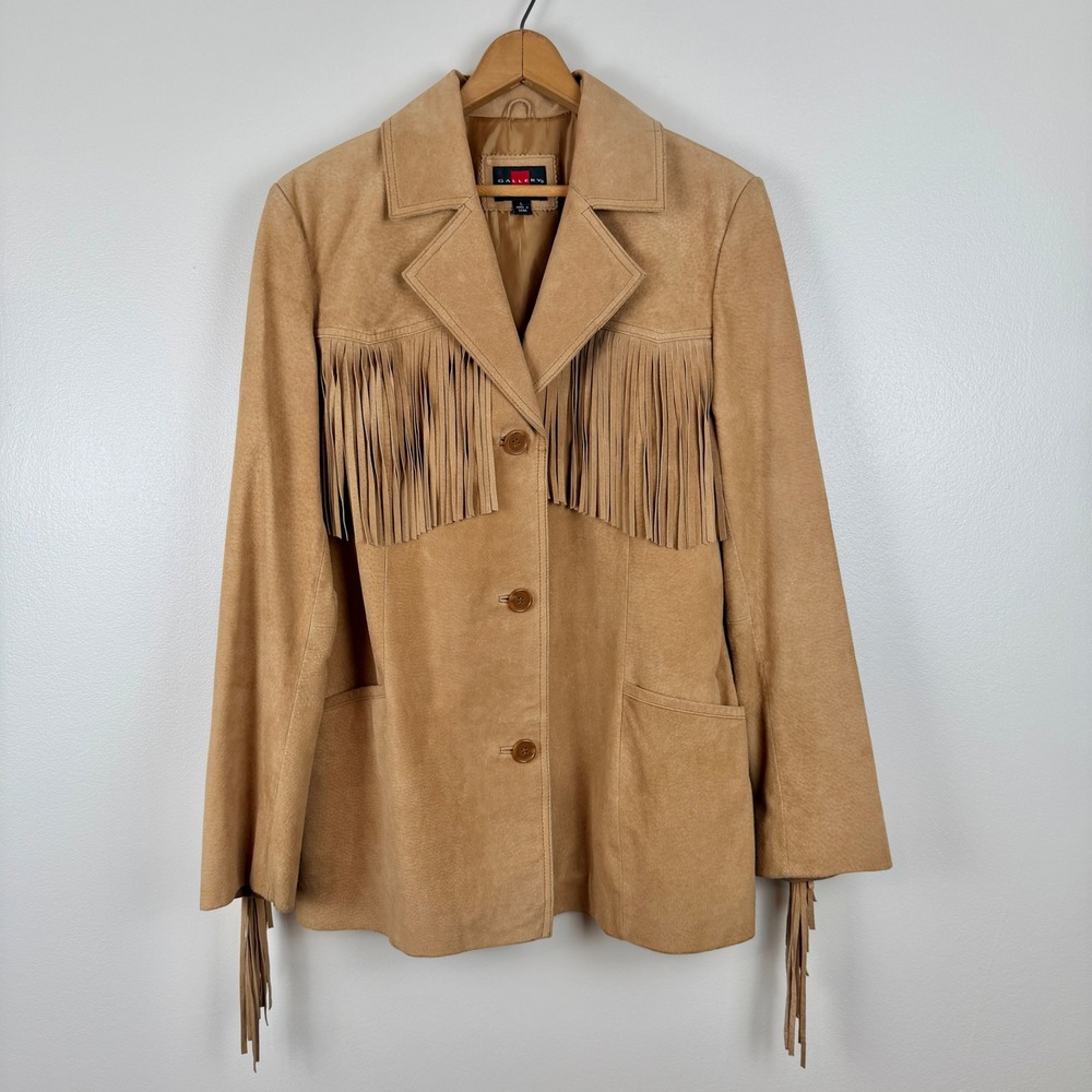 Gallery Genuine Suede Leather Fringe Jacket L Western Cowboy Rodeo Boho